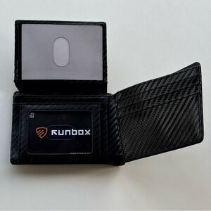 RUNBOX Carbon Black Leather Men's Bifold Slim Wallet RFID Blocking New in Box